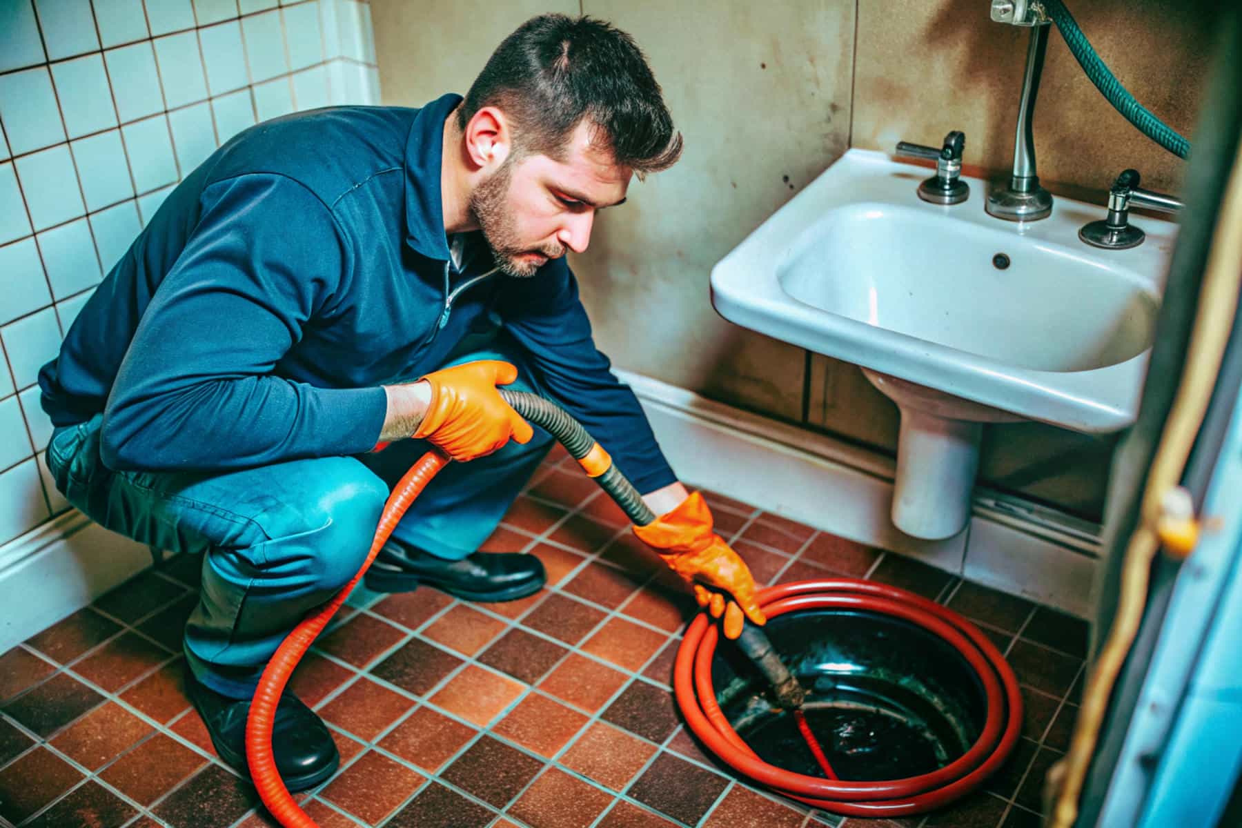 Technician Unclogging Drain with Snake or Plunger